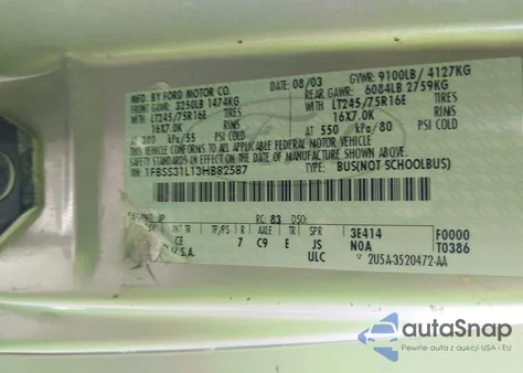 2003 Ford E-350 Super Duty Xl/Xlt z USA, uszkodzony, nr VIN 1FBSS31L13HB82587